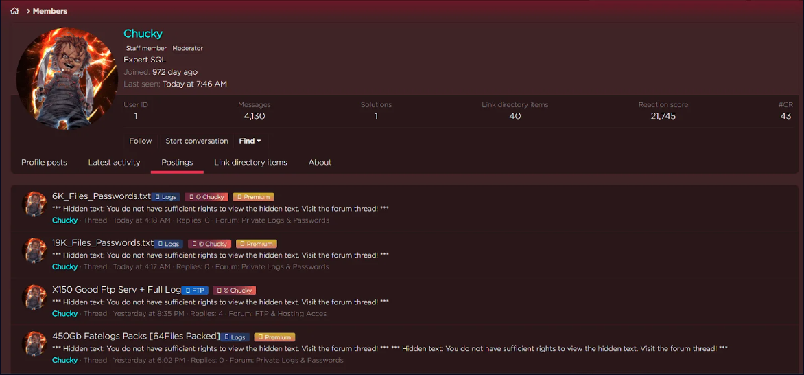 Chucky's forum profile.